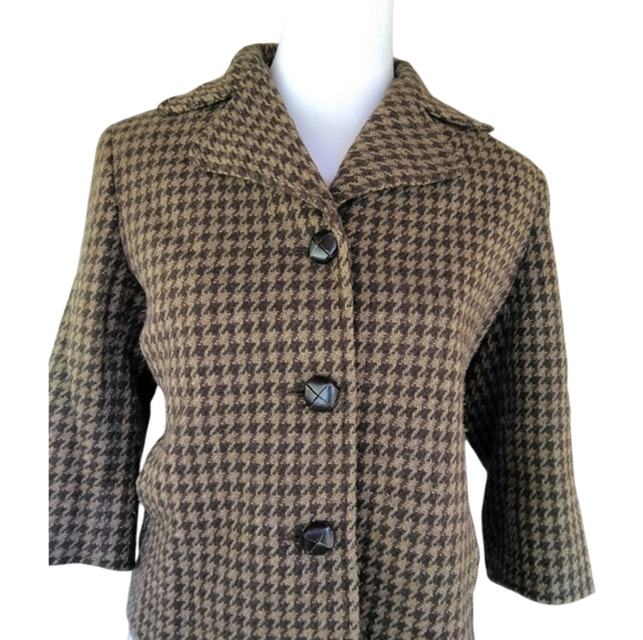 Lauren Ralph Lauren Chocolate Brown & Tan Wool Blend Houndstooth Coat Size 6 - Picture 2 of 6